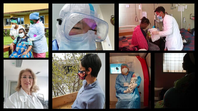 The pandemic has introduced danger and uncertainty to the start of motherhood. Clockwise from top left: © UNFPA DRC, © China Maternal and Child Health Association, © Ethiopian Midwives Association, © UNFPA Honduras, © ZHIAN health organization, © Vojislav Gushevski, © UNFPA Albania